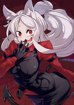 big_breasts breasts clothed clothing female fully_clothed fur hair light_body light_skin long_hair looking_at_viewer monotone_hair red_clothing red_eyes simple_background solo spade_tail tail teeth white_body white_fur white_hair cluseller helltaker cerberus_(helltaker) animal_humanoid canid canid_humanoid canine canine_humanoid dog_humanoid humanoid mammal mammal_humanoid hi_res