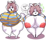 anthro areola big_breasts black_eyes breasts clothed clothing female grey_hair hair huge_breasts huge_thighs looking_at_viewer nipples open_mouth pink_areola pink_nipples raised_clothing raised_sweater raised_topwear solo speech_bubble sweater text thick_thighs topwear white_body lewd_dorky undertale undertale_(series) temmie_(undertale) felid feline mammal tem english_text hi_res