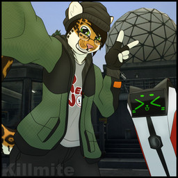 5_fingers anthro beanie biped black_beanie black_border black_bottomwear black_clothing black_fingerless_gloves black_gloves black_handwear black_hat black_headwear black_pants border bottomwear brown_eyewear brown_glasses brown_hair building clothed clothed_male clothing coat day detailed_background duo eyebrows eyewear fingerless_gloves fingers fur furgonomic_hat furgonomic_headwear furgonomics game_background geodesic_dome gesture glasses gloves green_clothing green_coat green_eyes green_topwear grey_clothing grey_shirt grey_topwear grin hair hand_gesture handwear hat headgear headwear humanoid_hands jacket jaguar_spots looking_at_viewer machine male markings multicolored_body multicolored_fur not_furry open_clothing open_jacket open_mouth open_topwear orange_body orange_fur outside pants pose screen screen_face selfie shirt shirt_logo short_hair smile smiling_at_viewer spiky_hair spots spotted_body spotted_fur standing straight_hair t-shirt tail teeth topwear v_sign wearing_glasses killmite voices_of_the_void jojo_maxwell_(killmite) kerfur_(votv) felid jaguar mammal pantherine robot 1:1 2025 colored digital_drawing_(artwork) digital_media_(artwork) pinup shaded watermark
