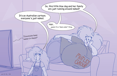 anthro big_breasts big_butt bottomwear breasts butt clothed clothing copyright_symbol duo electronics female footwear furniture hair huge_breasts open_mouth overalls pants shirt socks sofa speech_bubble symbol television television_stand text text_on_clothing text_on_shirt text_on_topwear thick_thighs topwear young young_anthro young_female satsumalord adella_(satsumalord) ariel_(satsumalord) eulipotyphlan hedgehog mammal 2026 digital_media_(artwork) english_text hi_res sketch cousins_(lore)