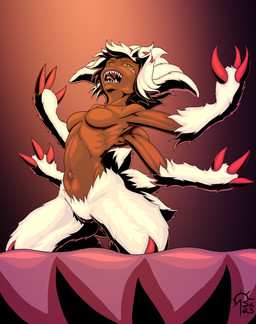 breasts claws dark_body dark_skin female fur multi_arm multi_limb muscular navel nude open_mouth outie_navel sharp_teeth solo teeth white_body white_fur sacrificabominat made_in_abyss faputa arthropod humanoid insect lepidopteran moth narehate absurd_res hi_res