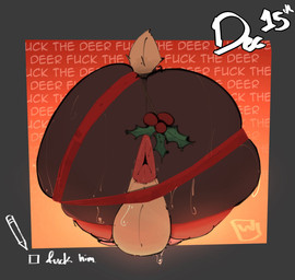 anthro anus backsack balls bent_over bodily_fluids brown_body butt butt_shot genitals holidays holly_(plant) holly_on_tail male plant profanity solo sweat tail text wrapped_up wrappings woomi_e christmas deer mammal english_text hi_res