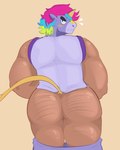 anthro blush body_hair butt butt_hair clothed clothing food for_a_head hair horn ice_cream_cone looking_at_viewer looking_back male muscular muscular_male partially_clothed purple_clothing simple_background solo tail yellow_blush bluedomstar brawl_stars mythology supercell_(company) berry_(brawl_stars) animal_head equid equine horse humanoid mammal mythological_creature mythological_equine unicorn hi_res