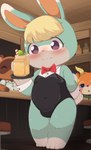 anthro bar barefoot blush bottle bow_tie bunny_costume chair clothed clothing container costume cuff_(restraint) embarrassed feet furniture group handcuffs male metal_cuffs restraints solo_focus table tray trio young young_anthro toruu animal_crossing nintendo beau_(animal_crossing) sasha_(animal_crossing) tom_nook_(animal_crossing) canid canine deer lagomorph leporid mammal rabbit raccoon_dog hi_res