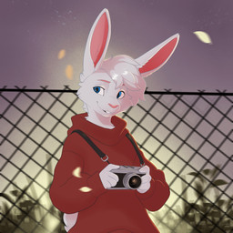 anthro biped blue_eyes buckteeth camera chain-link_fence clothed clothed_anthro clothed_male clothing eyebrows femboy fence fingers front_view fur hair holding_camera holding_object humanoid_hands iris male male_anthro open_mouth open_smile outside pink_eyebrows pink_inner_ear pink_nose pupils red_clothing red_sweater red_topwear short_hair smile solo sweater tail teeth topwear white_body white_fur white_hair white_sclera pawprincess usins_(pawprincess) lagomorph leporid mammal rabbit 1:1 absurd_res cropped english_description half-length_portrait hi_res portrait shaded
