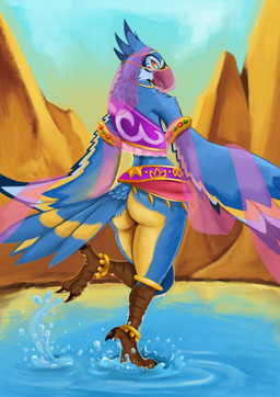 anklet anthro beak big_butt black_body black_feathers blue_body blue_feathers butt clothed clothing crossdressing feathers femboy gerudo_outfit jewelry looking_at_viewer looking_back looking_back_at_viewer male multicolored_body multicolored_feathers rear_view solo tail tail_feathers white_body white_feathers yellow_body yellow_eyes yellow_feathers dust999 breath_of_the_wild nintendo the_legend_of_zelda kass_(tloz) avian rito hi_res