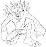 anthro barefoot briefs clothed clothing dog_tags feet male poison_symbol print_briefs print_clothing print_underwear scar simple_background solo topless underwear white_background thegreatmatsutzu bandai_namco digimon canid canine digimon_(species) mammal weregarurumon black_and_white monochrome sketch