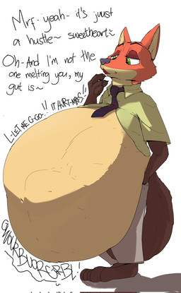 abdominal_bulge anthro belly big_belly dialogue fur huge_belly male male_pred orange_body orange_fur rumbling_stomach same_size_vore solo text vore vynted disney zootopia nick_wilde canid canine fox mammal hi_res