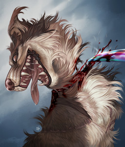 ambiguous_gender blood blood_on_knife bodily_fluids cheek_tuft chest_tuft death decapitation disability facial_tuft fangs feral floppy_ears fur gore insane killing knife looking_at_viewer neck_tuft open_mouth orange_eyes red_nose red_tongue saliva saliva_on_tongue saliva_string simple_background solo tan_body tan_fur teeth tongue tongue_out tuft riorix canid mammal 2019 bust_portrait dated hi_res portrait signature
