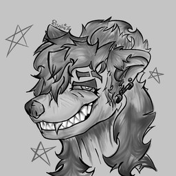 anthro bared_teeth ear_piercing eyebrow_slit eyebrows eyeliner fangs female hair long_hair looking_at_viewer makeup piercing sharp_teeth simple_background solo star syphiz_the_yeen teeth syphizyeen hyena mammal 1:1 greyscale hi_res monochrome portrait shaded three-quarter_portrait