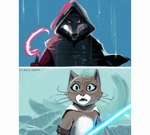 anthro armband black_clothing black_eyes blue_background blue_lightsaber border brown_armband cape clothing duo eyeliner front_view fur grey_body grey_fur hood_up lightsaber makeup male melee_weapon multicolored_body multicolored_fur pink_eyes pink_nose sickle simple_background snout teal_sclera two_tone_body two_tone_fur weapon whiskers white_body white_border white_cape white_clothing white_fur claragemm dreamworks puss_in_boots_(franchise) star_wars death_(puss_in_boots) kitty_softpaws canid canine canis domestic_cat felid feline felis mammal tuxedo_cat wolf