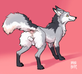 animal_genitalia animal_penis anus balls butt canine_genitalia canine_penis dipstick_ears ear_markings feral fur genitals gloves_(marking) grey_body grey_fur inner_ear_fluff leg_markings male markings multicolored_ears paws penis penis_tip pink_anus pink_background quadruped raised_tail sheath simple_background snout socks_(marking) solo tail tail_anus tuft yellow_eyes hakudoge beloved_(kettukarkki) canid canine fox mammal red_fox silver_fox true_fox hi_res signature