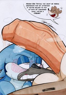 anthro balls big_balls big_penis blush bodily_fluids duo foreskin genitals huge_penis humiliation male male/male musk musky_penis penis simple_background text white_background rotten_owl cartoon_network regular_show mordecai_(regular_show) rigby_(regular_show) avian bird blue_jay corvid jay_(bird) mammal new_world_jay oscine passerine procyonid raccoon absurd_res hi_res traditional_media_(artwork)