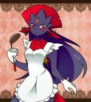 3_fingers anthro apron biped blush claws clothed clothing ear_piercing female fingers forehead_gem front_view fur gem hair holding_object kitchen_utensils ladle long_hair piercing purple_body purple_fur red_eyes solo standing tools rino563 nintendo pokemon generation_4_pokemon mammal pokemon_(species) weavile