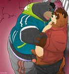 anthro belly big_belly clothed clothing duo eyewear foreskin genitals glasses hand_holding male male/male nervous overweight overweight_male penis pinned pinned_to_wall public public_transportation tongue tongue_out chiko_mew lunarnook steve_jovonovich bear canid canine mammal raccoon_dog tanuki hi_res