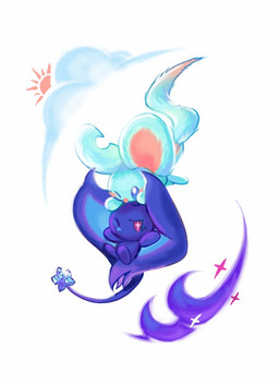 abstract_background alternate_form ambiguous_gender big_ears biped bipedal_feral blue_sclera blush blush_lines blush_stickers carrying_another cloud dipstick_tail duo embarrassed feral fluffy fluffy_tail fur happy looking_at_another markings mouthless notched_ear on_head one_eye_closed pink_sclera semi-anthro simple_background sparkles spiked_tail spikes spikes_(anatomy) star_eyes sun tail tail_markings teal_body teal_fur three-quarter_view white_background morn_poyo kirby_(series) kirby_and_the_forgotten_land nintendo star-crossed_world elfilin genwel_meteonelfilis alien chinchilla chinchillid mammal rodent starling_(kirby) 2026 digital_drawing_(artwork) digital_media_(artwork) male_(lore)