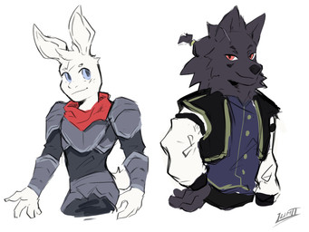 anthro armor black_body black_fur blue_eyes clothing duo fur male pose red_eyes smile white_body white_fur lumii i_think_i_like_you mythology leon_ostiarius sky_(i_think_i_like_you) canid canid_demon canine canis demon hellhound lagomorph leporid mammal mythological_canine mythological_creature rabbit wolf 4:3 absurd_res hi_res