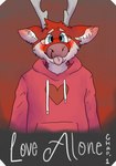 absurd_res anthro antlers blep blood blue_eyes blush blushing_profusely bodily_fluids bubblepup clothed clothing clothing_cord comic cover cover_art cover_page deer digital_media_(artwork) drawstring drawstring_topwear ear_blush english_text eyewear fur gabriel_(bubblepup) ginger_fur glasses heart_clothing heart_hoodie heart_print heart_symbol heart_topwear hi_res hoodie horn looking_at_viewer male mammal new_world_deer nosebleed print_clothing print_hoodie print_topwear red_blush red_body red_fur reindeer shy simple_background snout solo sweater text tongue tongue_out topwear white_body white_fur