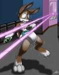 anthro blush catmonkshiro clean_diaper clothed clothing detailed_background diaper diaper_only exposed_diaper gun hi_res lagomorph laser laser_beam laser_gun leporid male mammal mirror on_one_leg rabbit ranged_weapon reflection solo standing surprise topless weapon worried