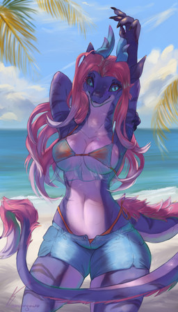 anthro beach belly bikini bikini_top blue_eyes bottomwear breasts clothing cloud denim denim_bottomwear denim_clothing denim_shorts detailed_background female grey_body hair leaf long_hair looking_at_viewer palm_tree pink_hair plant shadow shorts solo swimwear thick_thighs tree two-piece_swimsuit under_boob wide_hips kamisagawa mythology akayer dragon mythological_creature mythological_scalie scalie absurd_res hi_res