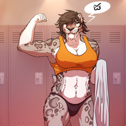 >:3 anthro athletic athletic_anthro athletic_female black_nose bra breasts brown_body brown_fur brown_hair claws cleavage clothed clothing fangs female flexing fur gloves_(marking) grey_body grey_fur gym hair inside locker looking_at_viewer markings muscular muscular_anthro muscular_female navel purple_eyes sabertooth_(anatomy) smile solo sports_bra spots spotted_body spotted_fur standing teeth underwear whisker_markings tenynn alegra_(toxictoby) felid mammal prehistoric_species saber-toothed_tiger smilodon 2018 digital_media_(artwork) portrait three-quarter_portrait