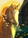 accessory ambiguous_gender branch brown_eyes detailed_background facial_markings feral flower flower_in_hair hair hair_accessory head_markings light looking_at_viewer markings orange_hair plant solo sunlight tan_body aomamesbeast pearl_(wasen) equid equine horse mammal hi_res