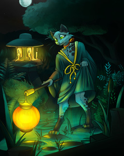 anthro asian_clothing bell bell_collar bow_ribbon candle clothing collar east_asian_clothing forest forest_background fur green_eyes inner_ear_fluff japanese_clothing lamp markings moon nature nature_background night plant sky solo spots spotted_body spotted_fur tree tuft ksatti domestic_cat felid feline felis mammal 2024 digital_drawing_(artwork) digital_media_(artwork)