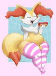 absurd_res animal_genitalia anthro balls belly big_belly braixen canid canine clothing colorcoroded eating eating_food fully_sheathed generation_6_pokemon genitals girly hi_res legwear male mammal nintendo overweight overweight_anthro overweight_male penis penis_tip pokemon pokemon_(species) potbelly sheath solo stockings thigh_highs