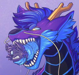 2_horns anthro anthro_prey antlers black_body black_fur black_nose blonde_facial_hair blonde_mustache blue_background blue_body blue_eyebrows blue_fur blue_inner_ear blue_inner_ear_fluff blue_insides blue_mane blue_sclera blue_tongue duo eyebrows facial_hair feral feral_pred forked_tongue fur grey_body grey_ears grey_fur grey_inner_ear_fluff horn in_mouth inner_ear_fluff larger_feral male male_anthro male_feral male_pred male_prey mane multicolored_body multicolored_fur mustache one_eye_closed oral_vore orange_antlers orange_horn purple_body purple_ears purple_fur sharp_teeth simple_background size_difference smaller_anthro snout teeth tongue tongue_around_body tuft vore white_eyes yellow_eyes bluestripedrenulian mythology canid canine dragon eastern_dragon furred_dragon furred_scalie mammal mythological_creature mythological_scalie scalie 2026 hi_res