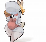 anthro blonde_hair bodily_fluids breasts bunny_costume burger cleavage clothed clothing costume drooling female food hair lettuce lingerie meat open_mouth overweight overweight_anthro overweight_female plant saliva simple_background slightly_chubby solo teddy_(clothing) thick_thighs vegetable white_background shamelesss nickelodeon spongebob_squarepants pearl_krabs cetacean mammal marine physeteroid sperm_whale toothed_whale whale