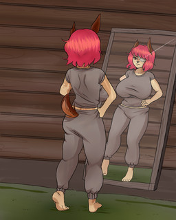 amputee anthro big_breasts breasts disability female looking_at_mirror looking_at_object mirror solo babinani cyberconnect2 fuga:_melodies_of_steel little_tail_bronx flam_kish canid canine caninu canis dobermann domestic_dog mammal pinscher 4:5 absurd_res hi_res