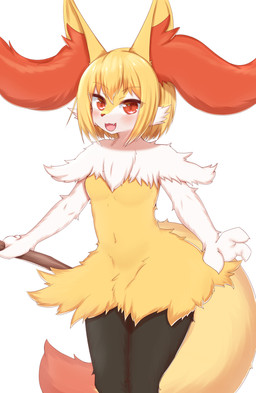 3_fingers anthro black_body black_fur blonde_hair breasts cheek_tuft claws cute_fangs facial_tuft fangs featureless_breasts female female_anthro finger_claws fingers fur hair holding_object inner_ear_fluff kemono long_inner_ear_fluff looking_at_viewer navel open_mouth red_body red_eyes red_fur red_nose short_hair simple_background solo stick teeth tongue tuft white_background white_body white_fur yellow_body yellow_fur horokusa0519 nintendo pokemon braixen canid canine generation_6_pokemon mammal pokemon_(species) 2022 digital_media_(artwork) hi_res portrait three-quarter_portrait translated_description