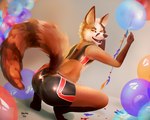 anthro balloon butt clothing crouching freckles hand_on_head imminent_popping inflatable latex latex_clothing leg_markings looking_at_viewer looner male markings open_mouth party socks_(marking) solo vanchee canid canine fox mammal red_fox true_fox 2021 hi_res