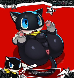 anthro anus balls big_butt black_body black_fur blue_eyes blush butt dialogue_box dipstick_tail femboy fur genitals gloves_(marking) holding_legs_up inner_ear_fluff leg_markings legs_up male markings mask open_mouth pawpads perineum pink_anus pink_pawpads presenting presenting_anus presenting_hindquarters question_mark red_background scarf short_stack simple_background socks_(marking) solo spread_legs spreading tail tail_markings tuft white_body white_fur white_markings yellow_scarf ultrahyper atlus megami_tensei persona_(series) persona_5 sega morgana_(persona) domestic_cat felid feline felis mammal tuxedo_cat 2025 digital_drawing_(artwork) digital_media_(artwork) english_description