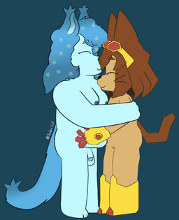 anthro areola blue_body blue_fur blue_hair breasts brown_tail duo eyelashes eyes_closed eyewear feet female fur genitals goggles gynomorph gynomorph/female hair hug intersex intersex/female markings nipples nude penis simple_background star_(marking) tail vulva whiskers soder_cat gameoverse glitch_productions kit_bodega lenelle_(theterrancrowe) canid canine domestic_cat felid feline felis mammal 2026 absurd_res hi_res trans_(lore) trans_woman_(lore)