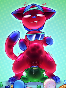 anal anal_fluids anal_fluids_on_food anal_fluids_on_object anal_juice_drip anal_masturbation anal_orgasm anal_penetration anal_storage anus blue_anus blue_eyes blue_nose blue_vulva bodily_fluids candy cavity_storage clothing crouching deep_anal deep_penetration dessert drooling ejaculation eyewear female feral food food_fetish food_insertion food_play genitals gummy_(food) gummy_bear_(food) hands-free headgear headgear_only headwear headwear_only humanoid_genitalia humanoid_genitalia_on_feral humanoid_vulva humanoid_vulva_on_feral improvised_sex_toy jawbreaker jelly_bean lollipop looking_pleasured masturbation mostly_nude orgasm penetration red_body saliva saliva_string simple_background solo tail tears tears_of_pleasure vulva cha0sapien sipkit felid food_creature living_candy mammal 3:4 absurd_res hi_res