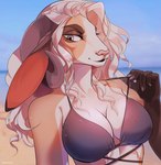 anthro bikini blue_eyes breasts brown_eyeshadow cleavage clothed clothing curled_hair eyelashes female glistening glistening_eyes hair orange_body pink_nose solo strap_pull swimwear two-piece_swimsuit white_body white_hair unknowhiter bovid caprine mammal sheep 2021 half-length_portrait hi_res portrait