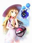 ambiguous_gender bag blonde_hair clothed clothing dress duo eyebrows eyelashes female green_eyes hair hat headgear headwear long_hair not_furry open_mouth simple_background yellow_eyes young young_female young_human minust_(artist) nintendo pokemon lillie_(pokemon) nebby pokemon_trainer cosmog generation_7_pokemon human legendary_pokemon mammal pokemon_(species) 2016 3:4 hi_res