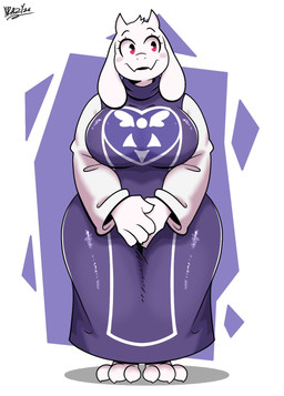 anthro big_breasts blush breasts clothing delta_rune_(emblem) dress fangs feet female floppy_ears horn red_eyes robe smile solo symbol teeth thick_thighs wide_hips krazytoonz undertale_(series) toriel boss_monster_(undertale) bovid caprine goat mammal 2026 hi_res signature