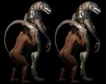 anal anthro armor black_background blue_eyes butt clothed clothing duo hair hand_on_butt looking_back male male/male male_penetrated male_penetrating male_penetrating_male nude oral partially_clothed penetration raised_tail rimming sex sharp_teeth simple_background standing tail tattoo teeth wooky human mammal scalie 3d_(artwork) cross_eye_stereogram digital_media_(artwork) side_by_side_stereogram stereogram