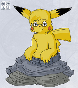 after_transformation black_body black_fur blonde_hair clothed clothing eyewear feral fur glasses hair looking_at_viewer male oversized_clothing partially_clothed red_body red_cheeks red_fur shrunk simple_background smile solo topless yellow_body yellow_fur moofers-mufa nintendo pokemon generation_1_pokemon mammal pikachu pokemon_(species) rodent low_res