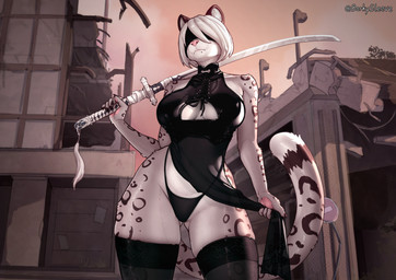 abs alternate_species anthro big_breasts black_clothing black_legwear black_lingerie black_spots black_stockings breasts cleavage cleavage_cutout clothed clothing cutout destroyed_building female front_view fur furrification grey_body grey_fur hair holding_katana holding_melee_weapon holding_object holding_sword holding_weapon huge_breasts katana legwear lingerie melee_weapon modern_architecture mole_under_mouth muscular muscular_anthro muscular_female outside ruined_building skimpy solo spots stockings sword sword_over_shoulder tail text thick_thighs thong underwear weapon white_hair borkysleeve nier_automata platinumgames yorha_2b felid mammal pantherine snow_leopard artist_name english_description hi_res