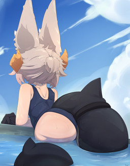 animal_ear_fluff animal_ears arched_back beach beverage big_butt big_ears big_tail bikini blue_eyes blue_sky butt butt_focus candy claws clothed clothing cloud cloudy_sky colored_skin dessert dragon_horn dragon_tail dropping energy_drink femboy fin fish_tail food fox_ears gold_bikini grey_hair hair horn huge_butt long_hair low-angle_view male monster_girl_(genre) outside partially_clothed pool school_swimsuit sea shark_tail short_hair sky solo summer sun swimwear tail thick_thighs thigh_strap two-piece_swimsuit water water_drop wet wide_hips nade mythology zaphy_(nade_arts) animal_humanoid dragon dragon_boy humanoid mythological_creature mythological_scalie scalie absurd_res hi_res