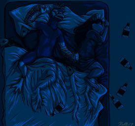 3_toes anthro avian_feet barefoot beak bed biped blue_body blue_feathers bottle bottomless claws clothed clothing container convenient_censorship duo eyes_closed feathers feet female feral furniture group hair head_crest lying male night nude on_back on_side paws peacock_feather sleeping spread_toes talons toe_claws toes conditional_dnp ratte knotty_curls norve avian bird galliform mammal mouse murid murine peafowl phasianid rat rodent 2017 aliasing black_and_blue blue_theme censored digital_media_(artwork) monochrome restricted_palette