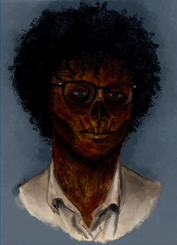 ambiguous_gender black_hair clothed clothing collared_shirt eyewear glasses grey_background hair kinky_hair looking_ahead missing_nose necrosis not_furry shirt simple_background solo topwear wearing_glasses white_clothing white_shirt white_topwear nuclearconsole fallout microsoft silvio_rivera_(nuclearconsole) ghoul_(fallout) humanoid bust_portrait english_description hi_res portrait male_(lore)