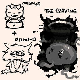 1_eye ambiguous_gender anthro belly big_belly bow_ribbon equal_sign featureless_hands fusion group legless looking_at_viewer navel open_mouth plus_sign squigglevision tentacles text tongue tongue_out trio ligma_(artist) mewgenics domestic_cat felid feline felis mammal monster unknown_species 1:1 2026 animated archived_source digital_drawing_(artwork) digital_media_(artwork) english_text handwritten_text line_art wigglypaint_(artwork)