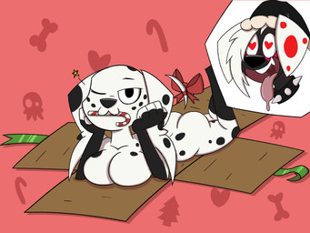 :3 anthro ass_up black_body black_clothing black_fur black_nose bodily_fluids bow_ribbon box breast_squish breasts butt candy candy_cane cardboard cardboard_box christmas_clothing christmas_headwear clothing collar container dessert drooling duo duo_focus female food fur gloves_(marking) group hair hand_on_head hat headgear headwear heart_eyes heart_symbol highlights_(coloring) holidays kinkmas leg_markings legs_in_air legs_up long_ears looking_at_viewer lying male male/female markings multicolored_body multicolored_fur nude on_front one_eye_closed red_body red_fur ribbons saliva santa_hat simple_background socks_(marking) spiked_collar spikes spots spotted_body spotted_fur spotted_markings squish tail tongue tongue_out white_body white_fur white_hair wink winking_at_viewer slightlyarousedguy 101_dalmatian_street 101_dalmatians christmas disney dolly_(101_dalmatians) fan_character canid canine canis dalmatian domestic_dog mammal 2025 hi_res shaded signature