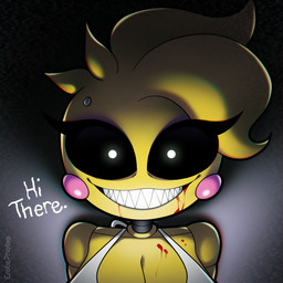 alternate_form anthro anthrofied beakless black_eyes blood bodily_fluids breasts clothing creepy eyeshadow female machine makeup non-mammal_breasts piercing purple_eyeshadow smile solo static teeth white_eyes eroticphobia five_nights_at_freddy's five_nights_at_freddy's_2 scottgames toy_chica_(eroticphobia) toy_chica_(fnaf) avian bird chicken galliform phasianid robot 1:1 hi_res
