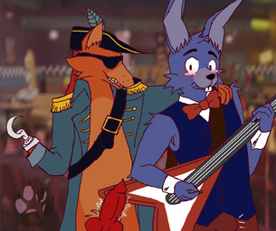 animal_genitalia animal_penis anthro balls belt big_penis bottomwear bow_tie breasts bulge clothed clothing coat duo electric_guitar embarrassed embarrassed_male erection eye_patch eyewear fur genitals guitar hook hook_hand knot machine male male/male musical_instrument orange_body orange_fur pants penis pirate plucked_string_instrument presenting presenting_penis solo string_instrument surprised throbbing throbbing_penis topwear lobo_guarana five_nights_at_freddy's scottgames bonnie_(fnaf) foxy_(fnaf) animatronic canid canine fox lagomorph leporid mammal rabbit robot digital_media_(artwork)