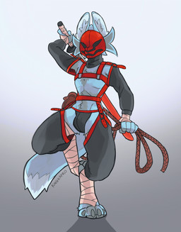 anthro blue_body blue_fur bottomwear clothed clothing feet foot_wraps fox_tail fur hand_wraps holding_melee_weapon holding_object holding_weapon male mask melee_weapon rope scabbard simple_background solo standing straps sword tail weapon wearing_mask wraps kingkapro shinobi_(kingkapro) canid canine fox mammal digital_media_(artwork) hi_res